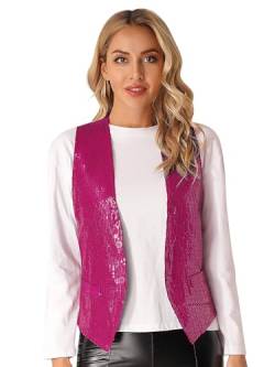 Jugaoge Damen Pailletten Weste Ärmellos V-Ausschnitt Anzugweste Kurz Gilet mit Zwei Knöpfe Hochzeit Party Disco Tanz Outfits Hot Pink L von Jugaoge