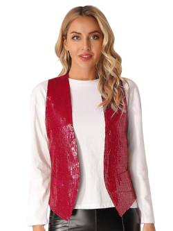 Jugaoge Damen Pailletten Weste Ärmellos V-Ausschnitt Anzugweste Kurz Gilet mit Zwei Knöpfe Hochzeit Party Disco Tanz Outfits Rot 3XL von Jugaoge