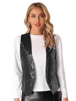 Jugaoge Damen Pailletten Weste Ärmellos V-Ausschnitt Anzugweste Kurz Gilet mit Zwei Knöpfe Hochzeit Party Disco Tanz Outfits Schwarz M von Jugaoge