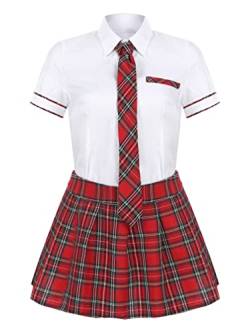 Jugaoge Damen Schulmädchen Kurzarm Weißes Blusen Hemden und Faltenrock Krawatte Japanische Schuluniform Schule Uniform Motto Party Outfit Rot S von Jugaoge