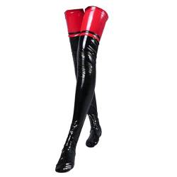 Jugaoge Halterlose Strümpfe Damen Sexy Wetlook Lack Leder Strapsstrümpfe Oberschenkel Hohe Socken Überknies Bein Stulpen Glänzend Clubwear Rot schwarz Einheitsgröße von Jugaoge