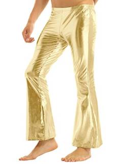 Jugaoge Herren Metallic Hose Ausgestellt Lack Leder Optik 70er 80er Jahre Outfits Disco Hippie Cosplay Bell Bottom Pants Gold XXL von Jugaoge
