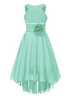 Jugaoge Mädchen Sommer Kleider Pailletten Chiffon Partykleid mit Blumen Bowknot Plissee Unregelmäßig Brautjungfernkleid Abschlusskleid für 5-14 Jahre Minzgrün 158-164 von Jugaoge