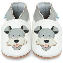 Juicy Bumbles - Weicher Leder Lauflernschuhe Krabbelschuhe Babyhausschuhe mit Wildledersohlen. Junge Mädchen Kleinkind- Gr. 0-6 Monate (Größe 19/20)- Duky Hund von Juicy Bumbles