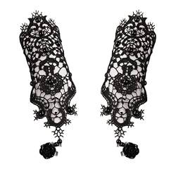 Juland Fingerlose Spitzenhandschuhe Frauen gotische Blumenspitze Steampunk-Armbandring Imitation Pearl Handmade Lace Up Handschuhe Braut Armband Ring Set - 1 Paar - Schwarz von Juland
