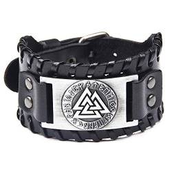 Juland Herren Retro Breites Metall Schwarz Herren Lederarmband Punk Style Lederarmband Viking Totem Armbänder Breiter Gürtel Manschette Armreif Rock Wrap für Männer Junge Einstellbar - Schwarz von Juland