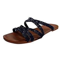 Julhold Damen Sandalen Flache Sandalen Strandschuhe Lässige Flache Retro Kristall Hausschuhe Böhmische rutschfeste Wohnung(Schwarz,39) von Julhold