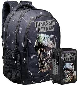 Schoolpack Julian Ross Schulrucksack, gefülltes Federmäppchen, Polyester, Dinosaurier T-rex Black, schoolpack von Julian Ross