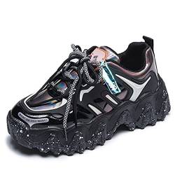 Jundao Mode Komfort Schnürung Atmungsaktive Mischfarbe Damen Chunky Sneakers Dicke Sohlen rutschfeste Lässige Allgleiches Damen Sportschuhe von Jundao