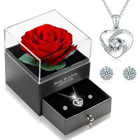 JUNG Silberkette Ewige Echte Rose mit Herz Halskette & Ohrringe aus 925 Sterlingsilber (Geschenk für Frauen, Damen, Schmuck, Konservierte Blume, Rosenbox, Ewige Rose im Glas, Ewige Rose mit Herz Kette und Ohrringe Box), Valentinstag Geschenk Frau, Valentintstagsgeschenk Frauen Blumen Rose von Jung