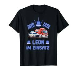 Leon im Einsatz Polizeiauto Feuerwehrauto Blaulicht Kinder T-Shirt von Jungen Vorname Designs für Kindergarten und Schule