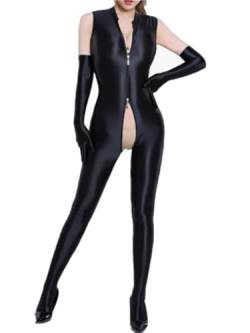 Body Dessous Damen Sexy Bodystocking Öl Ganzkörper Ärmellos Catsuit Reizwäsche mit Reißverschluss Erotik Nachtwäsche Overall Jumpsuit Babydoll Offener Schritt Strumpfhose (Schwarz,Einheitsgröße) von Jungerhouse