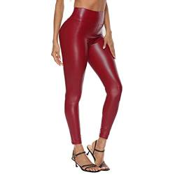 Damen Lederhose Kunstleder High Waist Leggings Sexy Stretch Skinny Leggings Hohe Taille Hose Latex Lack Catsuit Wetlook Schlank Hüfthosen Strumpfhosen (4XL,Weinrot) von Jungerhouse