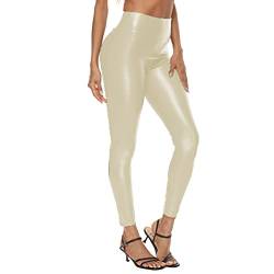 Damen Lederhose Kunstleder High Waist Leggings Sexy Stretch Skinny Leggings Hohe Taille Hose Latex Lack Catsuit Wetlook Schlank Hüfthosen Strumpfhosen (L,Beige) von Jungerhouse