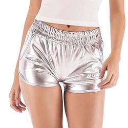 Damen Metallic Shorts PU Leder Shorts Elastic Waist Shorts Shiny Shorts Leopard Sexy Hotpants Kunstlederhose Leggings Leder Kurze Hose (L,Silber) von Jungerhouse