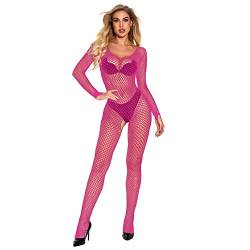 Damen Spitzen Bodysuit Einteiler Jumpsuit Overall Durchsichtig Netz-Bodysuit Sexy Body Erotik Reizwäsche Sexy Unterwäsche Catsuit Sexy Kostüm Transparent Netz Body Dessous (Hot Pink,Einheitsgröße) von Jungerhouse