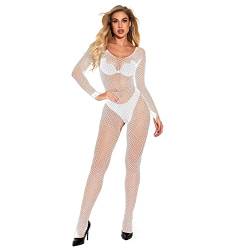 Damen Spitzen Bodysuit Einteiler Jumpsuit Overall Durchsichtig Netz-Bodysuit Sexy Body Erotik Reizwäsche Sexy Unterwäsche Catsuit Sexy Kostüm Transparent Netz Body Dessous (Weiß,Einheitsgröße) von Jungerhouse