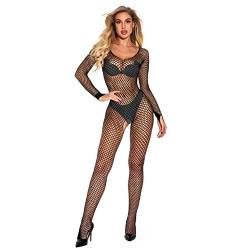 Damen Spitzen Bodysuit Einteiler Jumpsuit Overall Durchsichtig Netz-Bodysuit Sexy Body Erotik Reizwäsche Sexy Unterwäsche Catsuit Sexy Kostüm Transparent Netz Body Dessous (Schwarz,Einheitsgröße) von Jungerhouse