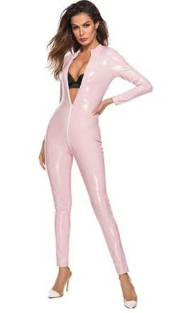 Damen Wetlook Sexy Bodysuit PVC Latex Catsuit Ouvert Reißverschluss Lack Leder Dessous Nachtwäsche Langarm Einteiler Overall Jumpsuit Playsuit Hosenanzug Cosplay Kostüm Reizwäsche Clubwear (S,Rose) von Jungerhouse