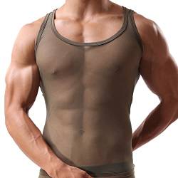 Herren Mesh Transparent Unterhemd Ärmellos Shirt Netzhemd Netzshirt Eisseide Tank Top Muskelshirt Dessous Unterwäsche Clubwear Ringershirt (L,Armeeblau) von Jungerhouse