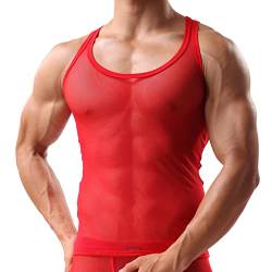Herren Mesh Transparent Unterhemd Ärmellos Shirt Netzhemd Netzshirt Eisseide Tank Top Muskelshirt Dessous Unterwäsche Clubwear Ringershirt (L,Rot) von Jungerhouse