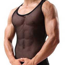 Herren Mesh Transparent Unterhemd Ärmellos Shirt Netzhemd Netzshirt Eisseide Tank Top Muskelshirt Dessous Unterwäsche Clubwear Ringershirt (XL,Schwarz) von Jungerhouse