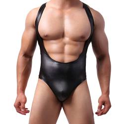 Herren Sexy Mankini Lack Wetlook Bodysuit Einteiler Erotik Dessous Unterwäsche Overall Männer String Tanga Weste Wrestling Unterhemd Leopard Catsuit Ouvert Jumpsuit Nachtwäsche (XL,Schwarz) von Jungerhouse