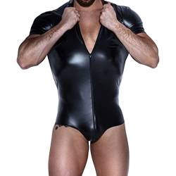 Jungerhouse Herren PVC Body Sexy Männer Leder Wetlook Overall Latex Catsuit Jumpsuit Einteilige Lackleder Bodysuit Lack-Optik Unterhemd Clubwear Hemd Leotard (M,Schwarz) von Jungerhouse