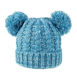 Kinder Wintermütze Mädchen Jungen Strickmütze Warme Winter Beanie Hut mit Doppelbommel Strick Beanie Bommelmütze Pudelmütze Baby Mütze (Einheitsgröße,Blau + Weiß) von Jungerhouse