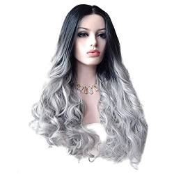 Echthaar Perücke Body Wave Sexy Frauen Langes Haar Schwarz Farbverlauf Große Welle Lange Lockige Perücken Rosennetz Hochtemperatur Synthetisches COSPLAY Damen Perücken Lang Gerade (D-Grey, One Size) von Junhasgood