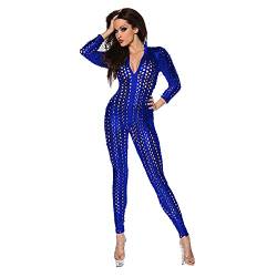 Damen Catsuit Wetlook Body MIt Loch-Struktur aus Lackleder Reizvoll Overall Bodysuit Sexy Jumpsuit Reißverschluss Hosenanzug Wetlook (M,blau) von Junhouse