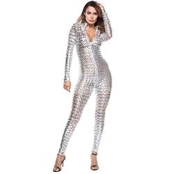 Damen Catsuit Wetlook Body MIt Loch-Struktur aus Lackleder Reizvoll Overall Bodysuit Sexy Jumpsuit Reißverschluss Hosenanzug Wetlook (M,silber) von Junhouse