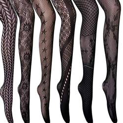 Junhouse 6 Paar Damen Strumpfhose Netzstrumpfhosen Feinstrumpfhosen Nahtlos Netzs Leggings Muster Elastisch Schwarz von Junhouse