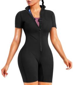 JUNLAN Saunaanzug für Frauen Ganzkörper-Jumpsuit Taille Trainer für Frauen Bauchfett Workout Schweißanzug, Schwarz, XX-Large von Junlan