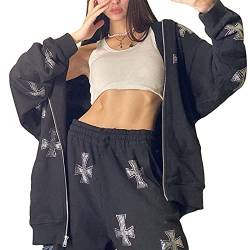 Damen Zip Up Hoodie Y2k Aesthetic Cross Strass Kapuzenpullover Oversized Sweatshirts Jacke E-Girl 90er Vintage Streetwear (Schwarz, M) von Junliber