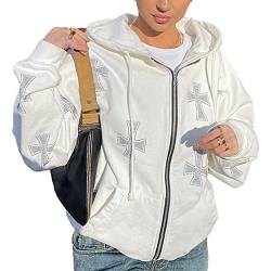 Damen Zip Up Hoodie Y2k Aesthetic Cross Strass Kapuzenpullover Oversized Sweatshirts Jacke E-Girl 90er Vintage Streetwear (Weiß, L) von Junliber