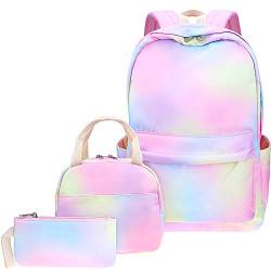 Regenbogen Rucksack Set 3-in-1 Kinder Schultasche, Junlion Laptop Rucksack Lunch Tasche Mäppchen Geschenk für Mädchen Damen von Junlion