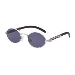 Junsika Retro Oval Sonnenbrille für Herren Damen Klassische Vintage Holzimitat Kleine Runde Silber Schwarz Sonnenbrille von Junsika