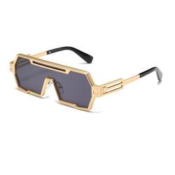 Junsika Retro Steampunk Sonnenbrille für Herren Trendiges cooles Design Einteilig Unregelmäßiger Goldrahmen Schwarz Sonnenbrille von Junsika