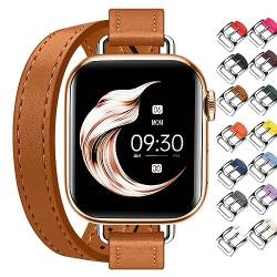 Juntan Doppeltes Lederband Kompatibel für Apple Watch 38mm 40mm 41mm 42mm 44mm 45mm, Schlankes Leder Uhrenarmband Tour Armband Ersatz Braun für iWatch SE Serie 8 7 6 5 4 3 2 1 von Juntan