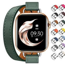 Juntan Doppeltes Lederband Kompatibel für Apple Watch 38mm 40mm 41mm 42mm 44mm 45mm, Schlankes Leder Uhrenarmband Tour Armband Ersatz Grün für iWatch SE Serie 8 7 6 5 4 3 2 1 von Juntan