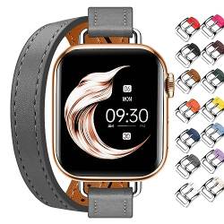 Juntan Doppeltes Lederband Kompatibel für Apple Watch 38mm 40mm 41mm 42mm 44mm 45mm, Schlankes Leder Uhrenarmband Tour Armband Ersatz für iWatch SE Serie 8 7 6 5 4 3 2 1 (38mm/40mm/41mm, Grau) von Juntan