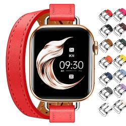 Juntan Doppeltes Lederband Kompatibel für Apple Watch 38mm 40mm 41mm 42mm 44mm 45mm, Schlankes Leder Uhrenarmband Tour Armband Ersatz für iWatch SE Serie 8 7 6 5 4 3 2 1 (42mm/44mm/45mm/49mm, Rot) von Juntan