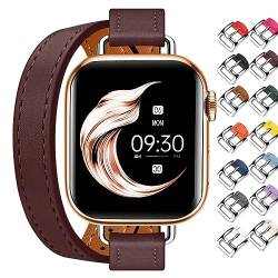 Juntan Doppeltes Lederband Kompatibel für Apple Watch 42mm 44mm 45mm, Schlankes Leder Kaffee Uhrenarmband Tour Armband Ersatz für iWatch SE Serie 8 7 6 5 4 3 2 1 von Juntan