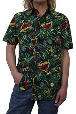 Jurassic Park Herren Herrenhemd mit tropischem Muster, Shirt Hemd mit Button-Down-Kragen, Schwarzer Tropical Raptor, XL von Jurassic Park