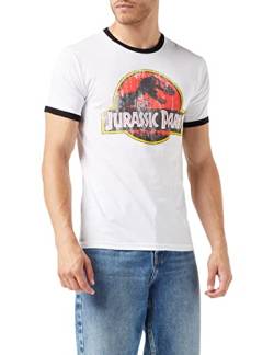 Jurassic Park Herren Logo im Used-Look T-Shirt, Ringer weiß/schwarz, M von Jurassic Park