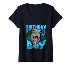Damen Jurassic World Birthday Boy Roaring Velociraptor Blue Logo T-Shirt mit V-Ausschnitt von Jurassic World