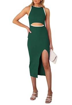 Jusfoouo Sommerkleid Damen Ärmellos Cutout Kleid mit Schlitz, Rundhalsausschnitt Tank Gerippt Bodycon Midikleid Grün M von Jusfoouo