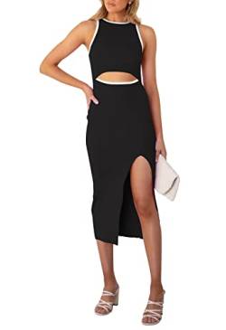 Jusfoouo Sommerkleid Damen Ärmellos Cutout Kleid mit Schlitz, Rundhalsausschnitt Tank Gerippt Bodycon Midikleid Schwarz XL von Jusfoouo