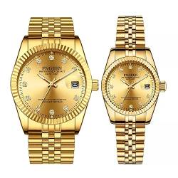 Jusqarven Luxus Paar Uhr Strass für Sie und Ihn Paar Uhr Set Edelstahl Armbanduhr mit Kalender Leuchtzeiger, Gold, medium, Luxuriös von Jusqarven